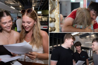 A collage of students celebrating results day at NPTC Group of Colleges: two friends reading results, a student hugging a family member, and three friends comparing grades