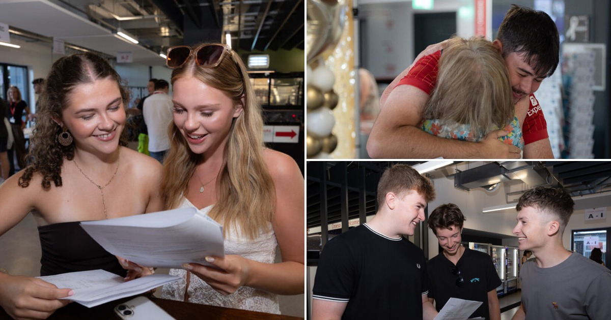 A collage of students celebrating results day at NPTC Group of Colleges: two friends reading results, a student hugging a family member, and three friends comparing grades