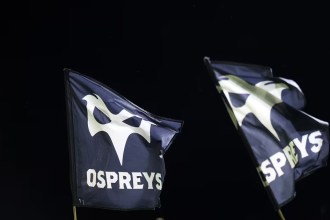 Ospreys players during a match, in the club's home colours