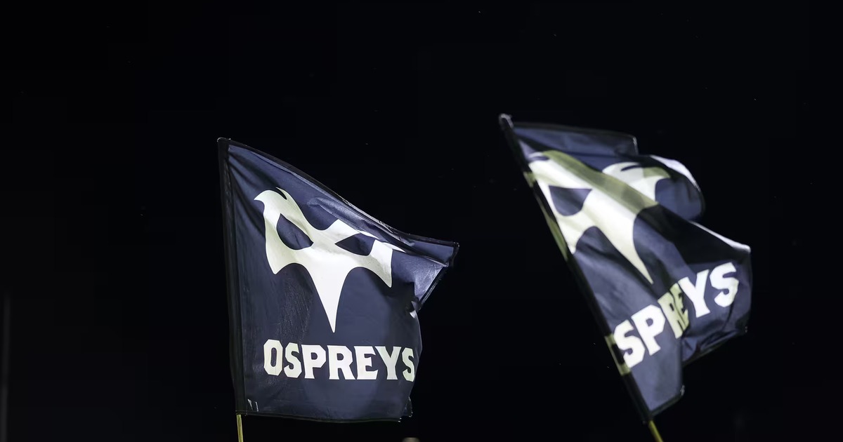 Ospreys players during a match, in the club's home colours