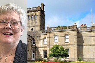 Split image of Cllr Hazel Evans and the Parc Howard mansion in Llanelli