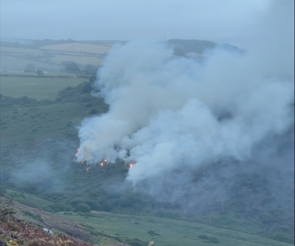 Smoke drifting across fields and woodland in daylight after a wildfire near Pendine