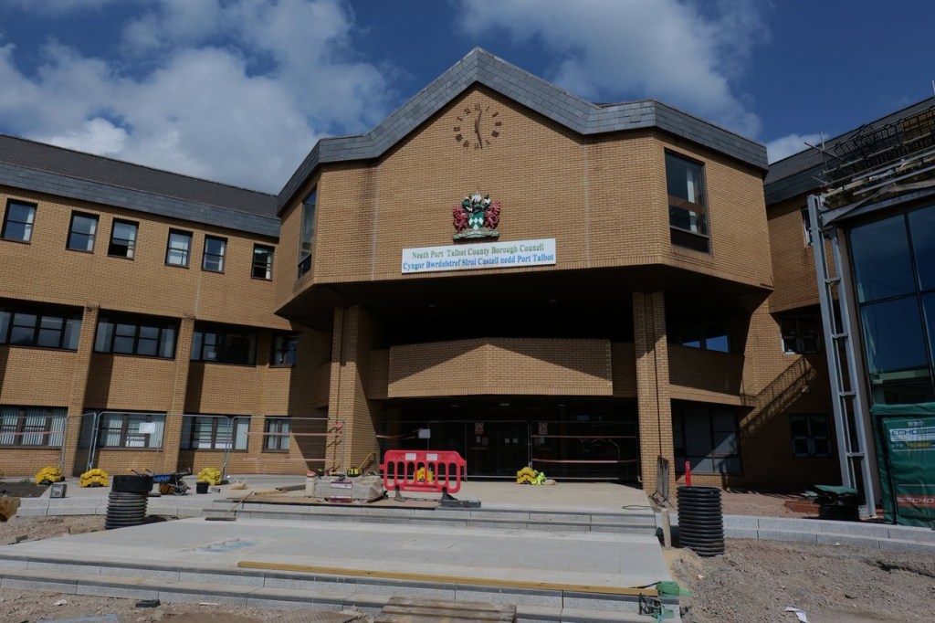 The Neath Port Talbot Council civic centre entrance with new paving and landscaping works in front