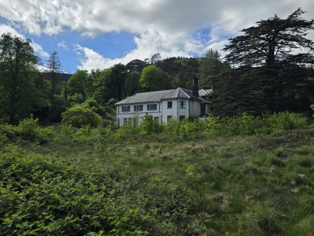 White-rendered Rheola House seen across a meadow of long grass with wooded hills behind under a blue sky