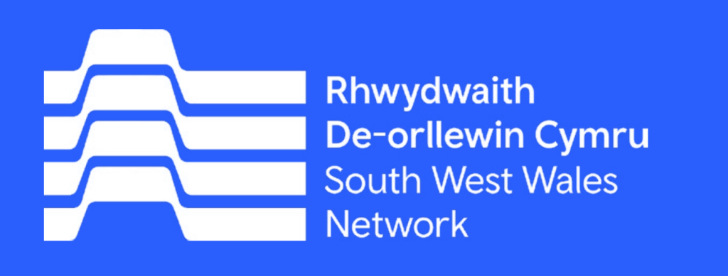 The proposed South West Wales Network brand mark: four white wave lines beside the name in Welsh and English on a blue ground