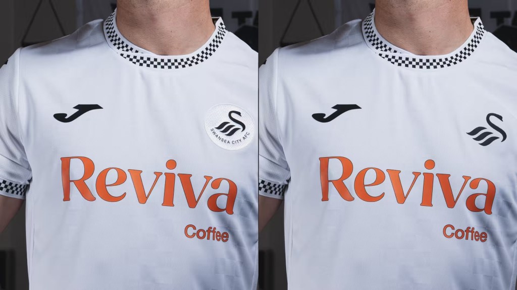 Comparison of the Swansea City home shirt with the circular badge and with the standalone Swan crest