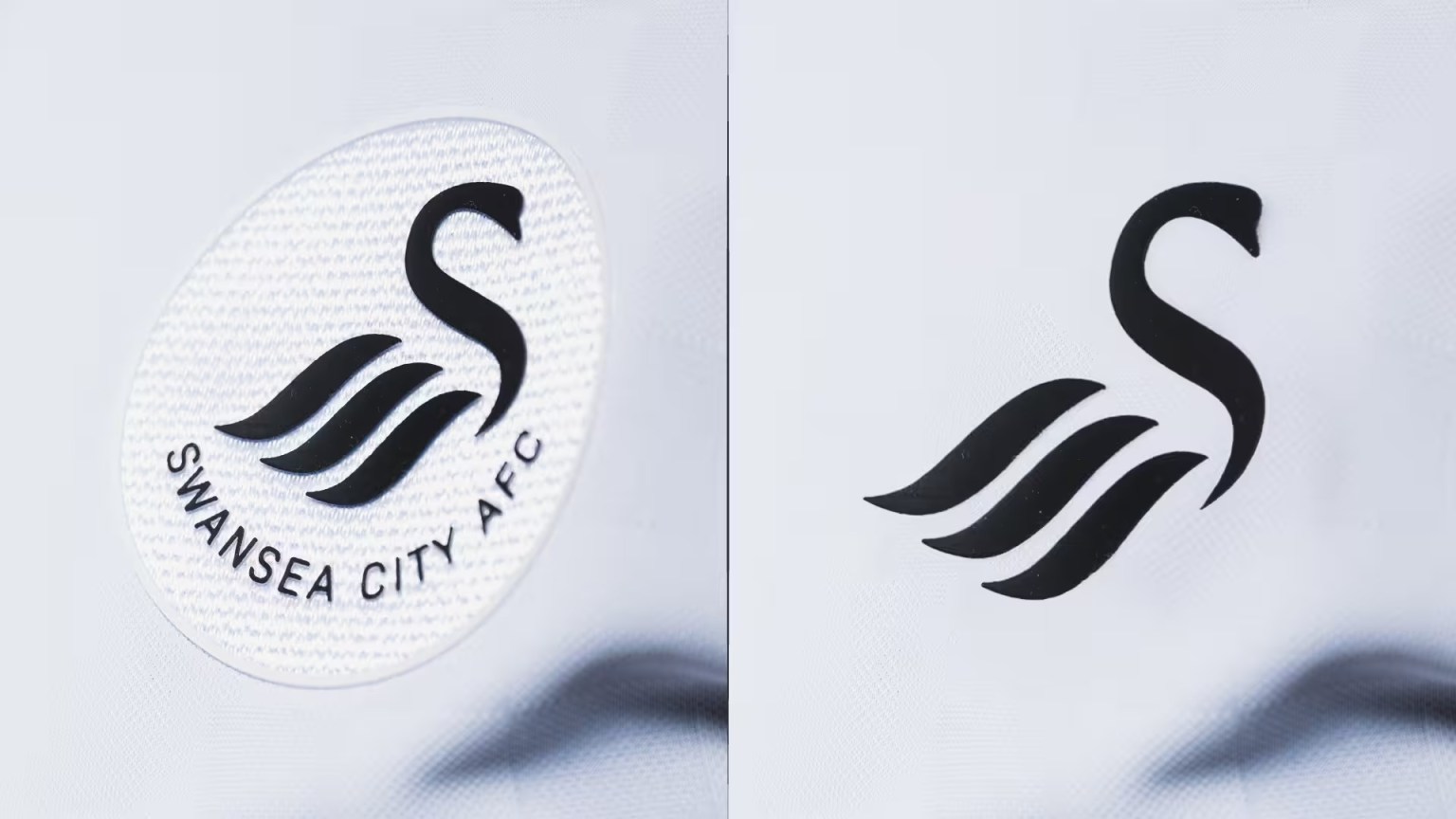 Close-up comparison of the current Swansea City badge with Swansea City AFC lettering and the standalone Swan crest