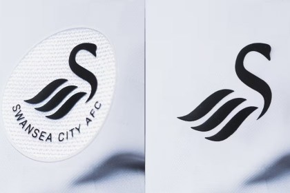 Close-up comparison of the current Swansea City badge with Swansea City AFC lettering and the standalone Swan crest