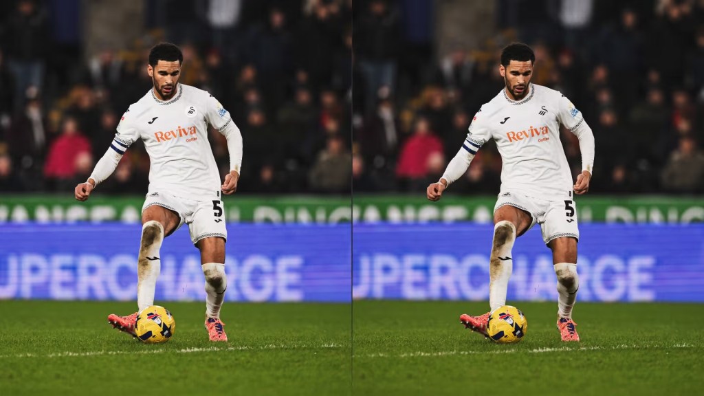Side by side match action images of a Swansea City player showing the current badge and the standalone Swan crest on the shirt