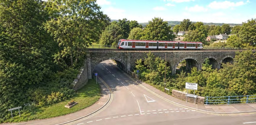 Illustration of a tram-train crossing a stone viaduct near Tonna, from the South West Wales Network Vision