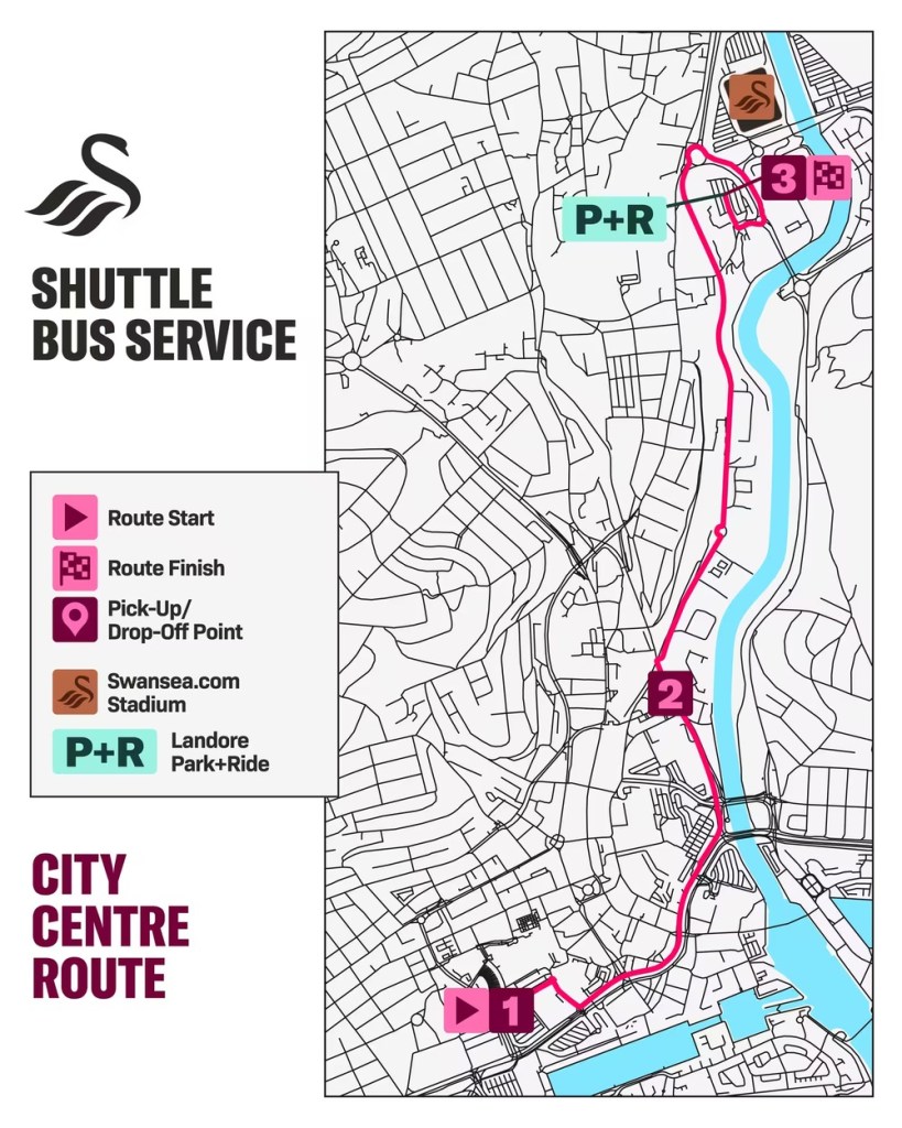 Map of the city centre shuttle route from Wellington Street via New Cut Road to Landore Park and Ride