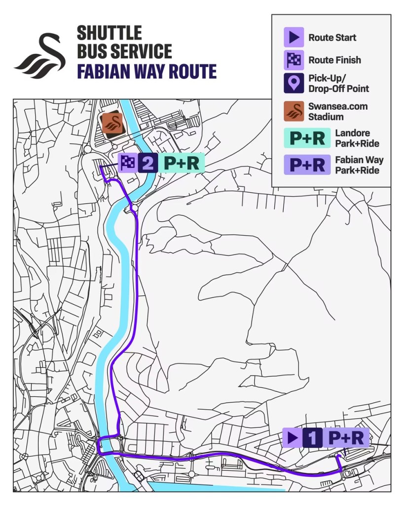 Map of the Fabian Way shuttle route running directly to Landore Park and Ride
