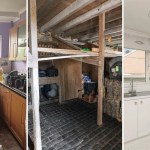 Three-panel montage showing a cluttered kitchen left as it was, a stone barn interior with timber stalls, and a modern white fitted kitchen