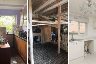 Three-panel montage showing a cluttered kitchen left as it was, a stone barn interior with timber stalls, and a modern white fitted kitchen