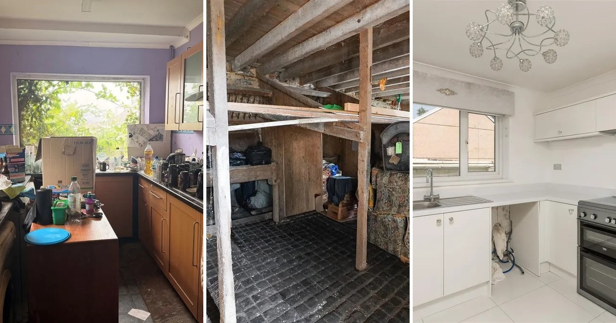 Three-panel montage showing a cluttered kitchen left as it was, a stone barn interior with timber stalls, and a modern white fitted kitchen