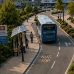 Illustration of a blue bus at a landscaped bus stop with a shelter, from the South West Wales Network Vision document