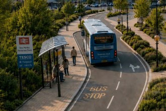 Illustration of a blue bus at a landscaped bus stop with a shelter, from the South West Wales Network Vision document