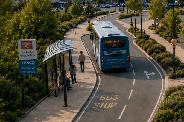 Illustration of a blue bus at a landscaped bus stop with a shelter, from the South West Wales Network Vision document
