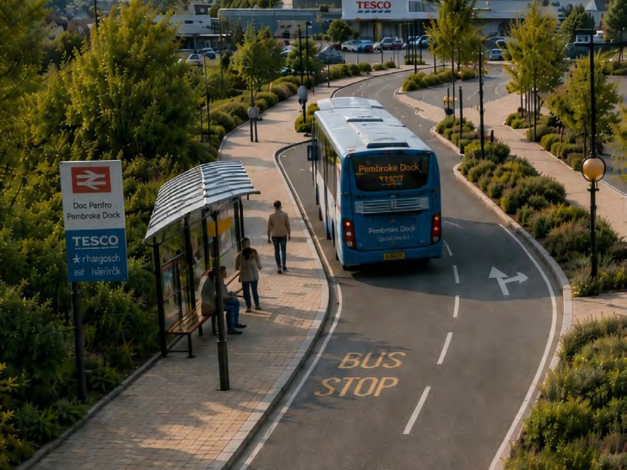 Illustration of a blue bus at a landscaped bus stop with a shelter, from the South West Wales Network Vision document
