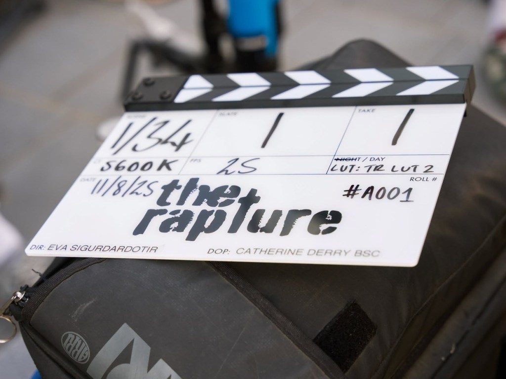 A clapperboard for The Rapture on set during filming