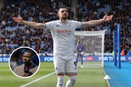 Zan Vipotnik celebrating a goal for Swansea City, with an inset circular portrait of pundit Aaron McLean