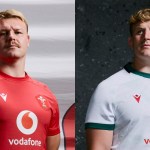 Two Wales players wearing the all-red dragon-patterned home shirt and the white slate-inspired alternate jersey