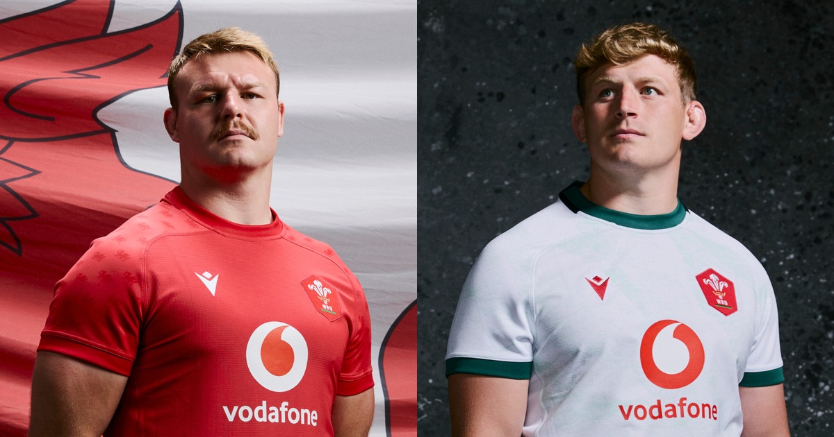 Two Wales players wearing the all-red dragon-patterned home shirt and the white slate-inspired alternate jersey