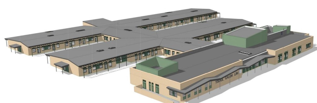Architect's 3D massing view of Ysgol Calon Lân showing a single-storey building with teaching wings extending from a central spine and Ysgol Calon Lân signage on the frontage