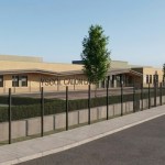 Architect's render of Ysgol Calon Lân seen from Mynydd Garnllwyd Road, a single-storey brick building with its name on the facade behind a fence, hedges and young trees