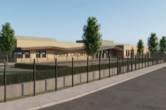 Architect's render of Ysgol Calon Lân seen from Mynydd Garnllwyd Road, a single-storey brick building with its name on the facade behind a fence, hedges and young trees