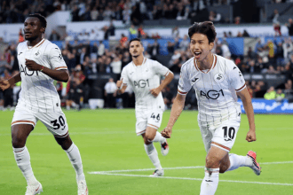Swansea City winger Eom Ji-sung celebrating his goal against Watford