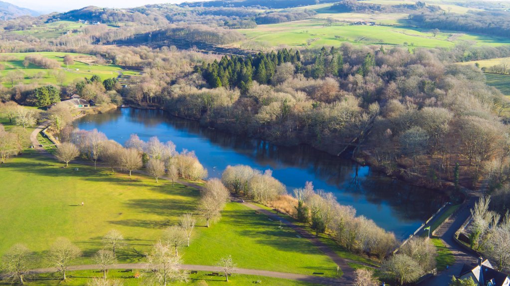 An aerial view of Gnoll Country Park Estate