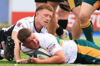 Admiral Premiership players compete for the ball as a try is scored