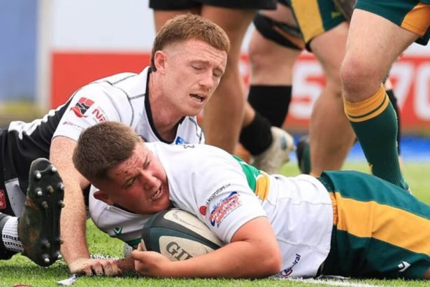 Admiral Premiership players compete for the ball as a try is scored