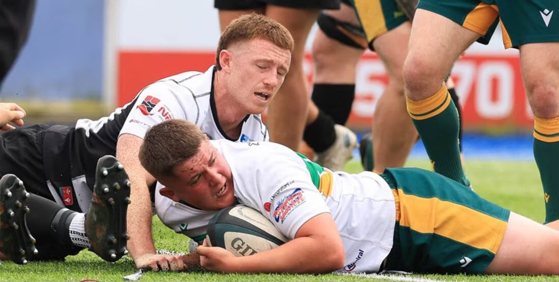 Admiral Premiership players compete for the ball as a try is scored