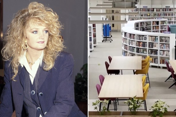 Split frame of Bonnie Tyler in a pinstripe suit in 1997 and the South Wales Miners' Library floor at Y Storfa