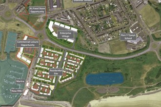 Aerial masterplan graphic of Burry Port harbour with labelled sites including A1 Food Store Opportunity, Commercial Leisure Opportunity, Enterprise Village and Residential Site