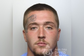 Dyfed-Powys Police custody photograph of Cameron Davies, a man with short cropped hair, a moustache and a tattoo on his forehead