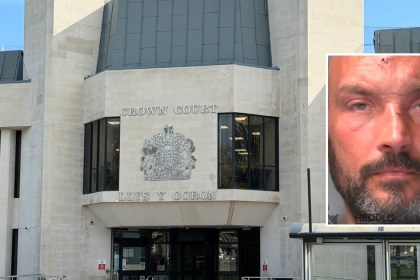 Composite image of Swansea Crown Court with an inset South Wales Police custody photograph of Christopher Barnett