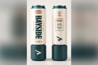 Two Brains Bayside Welsh lager cans mounted on dark green Cool Can cooling bases
