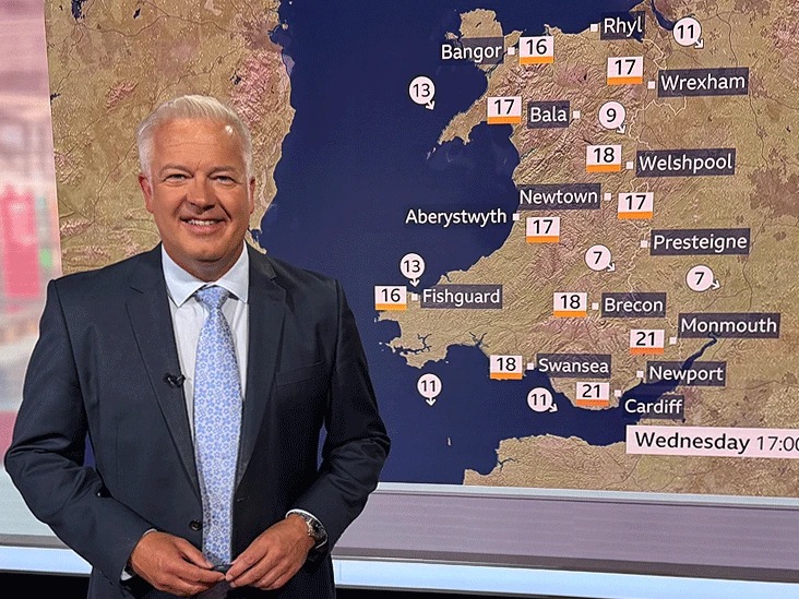 Derek Brockway in a dark suit and pale blue tie smiling beside a BBC Wales weather map showing temperatures across Wales