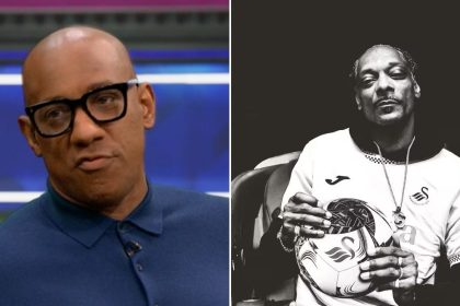 Composite image of pundit Dion Dublin and Swansea City co-owner Snoop Dogg in a Swans shirt holding a club football