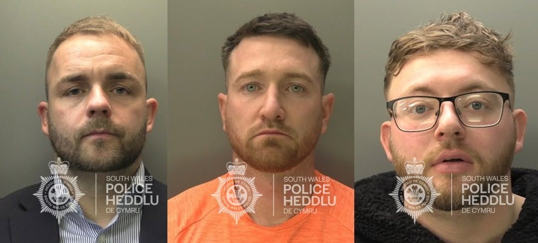 South Wales Police custody photographs of Ben Garvey, Daniel Baker and Jake Blackburn side by side