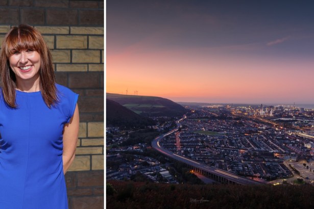 Split image: Gemma Charnock smiling in a blue dress against a brick wall, and Port Talbot at dusk from the hillside with the steelworks lit along the coast