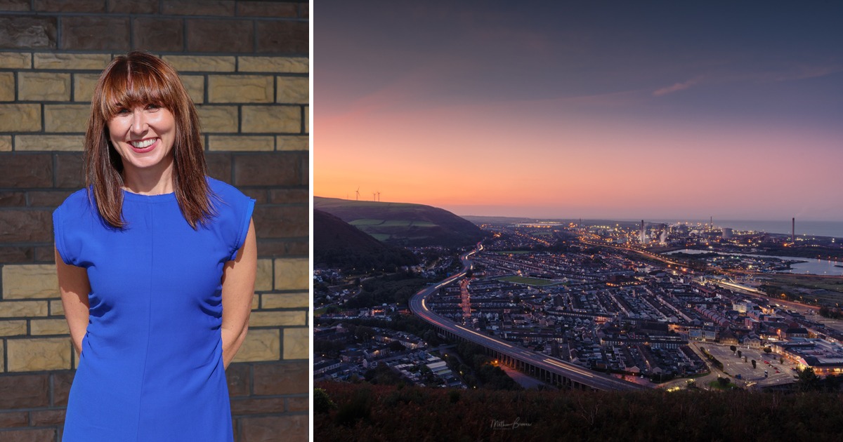 Split image: Gemma Charnock smiling in a blue dress against a brick wall, and Port Talbot at dusk from the hillside with the steelworks lit along the coast