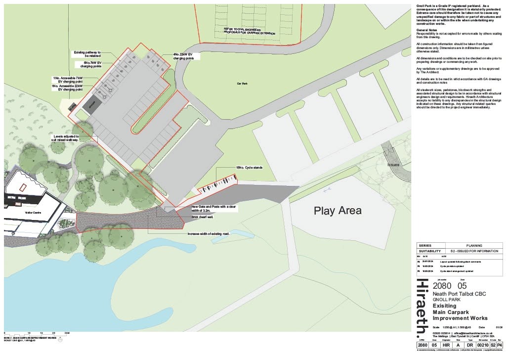 Architect's site plan of the Gnoll Country Park car park extension, showing parking bays, electric vehicle charging points and cycle stands