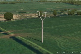 Computer-generated image of a slim grey steel pole with a Y-shaped top carrying power lines across green farmland, with trees and hills behind