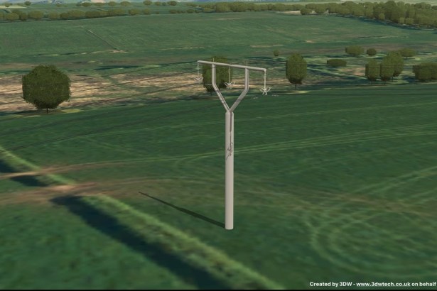 Computer-generated image of a slim grey steel pole with a Y-shaped top carrying power lines across green farmland, with trees and hills behind