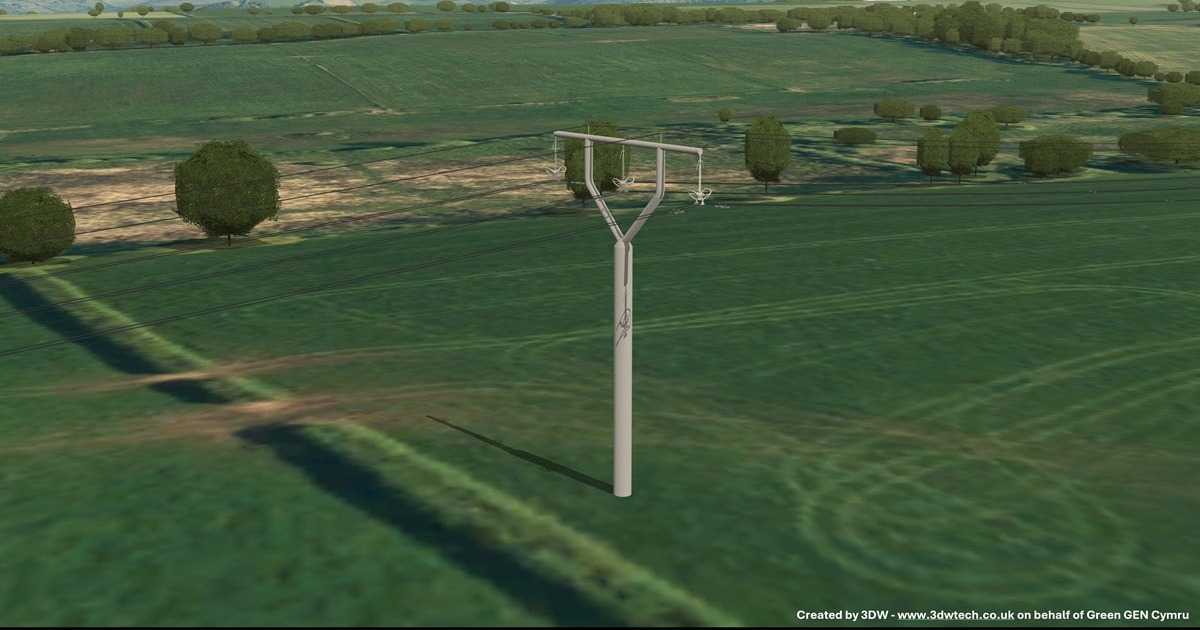Computer-generated image of a slim grey steel pole with a Y-shaped top carrying power lines across green farmland, with trees and hills behind