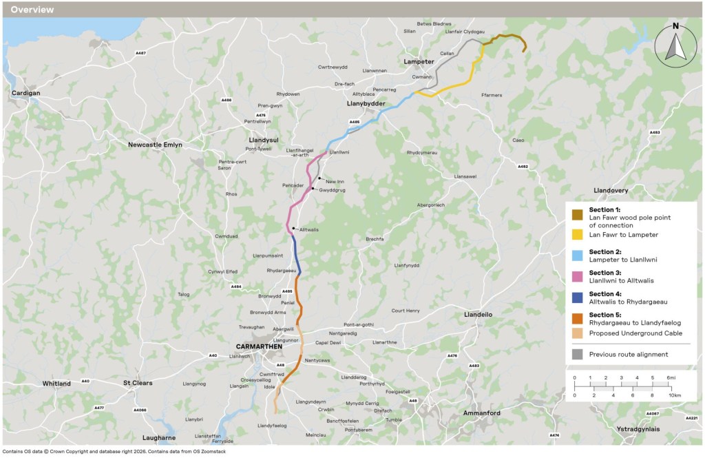 Map of the proposed Towy Teifi power line running from east of Lampeter south past Llanybydder, Llanllwni, Alltwalis and the east of Carmarthen to Llandyfaelog, colour-coded in five sections